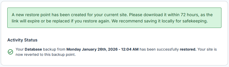 BH Websites Tab Basic Weekly Backups - Restore Database Backups Successful