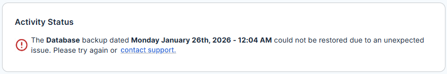 BH Websites Tab Basic Weekly Backups - Restore Database Backups Failed