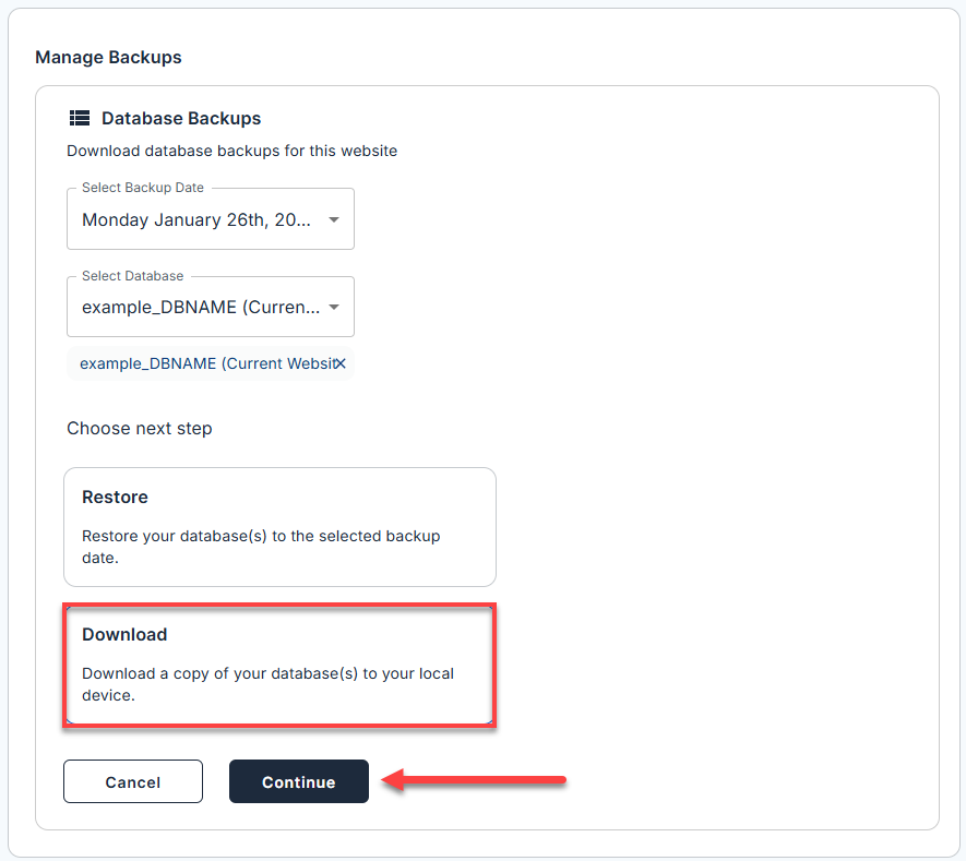 BH Websites Tab Basic Weekly Backups - Download Database Backups Download and Continue