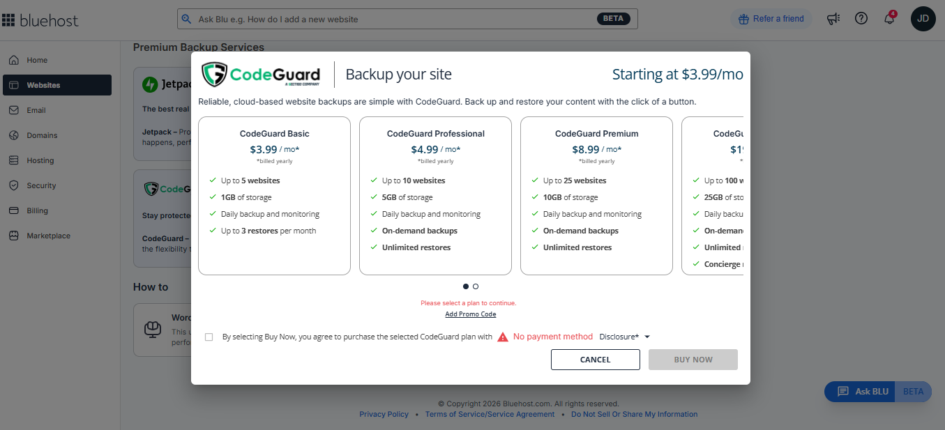 Backups tab - Select CodeGuard plan