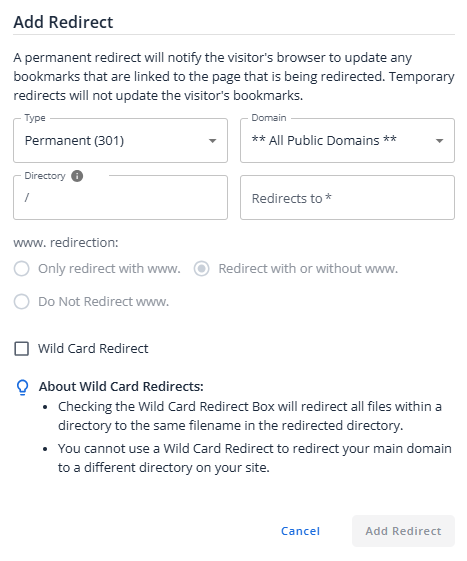 Redirect a Domain - Add Redirect pop-up