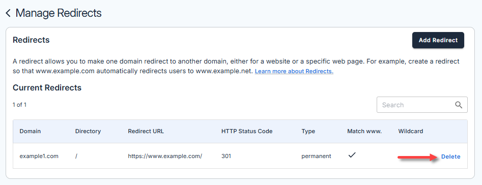 Redirect a Domain - Delete
