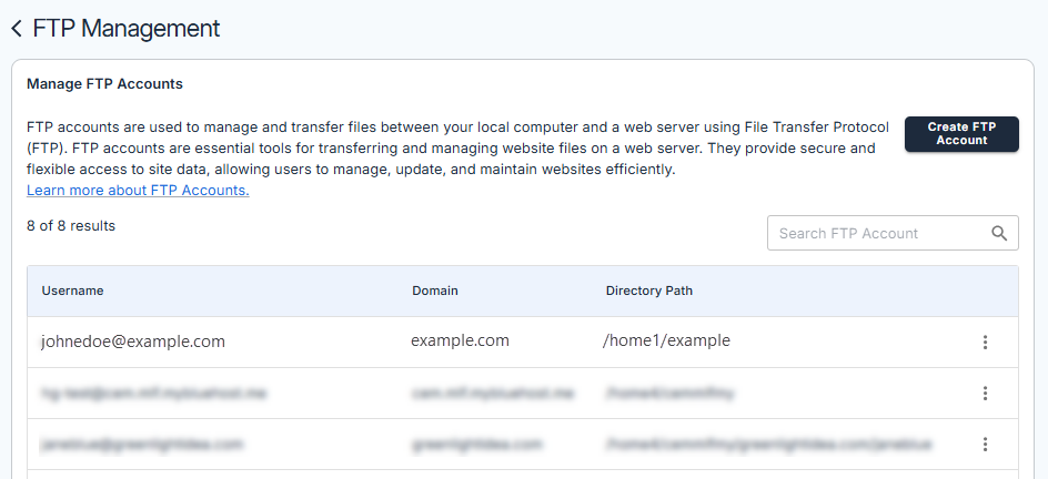 Files & Access tab - FTP Management