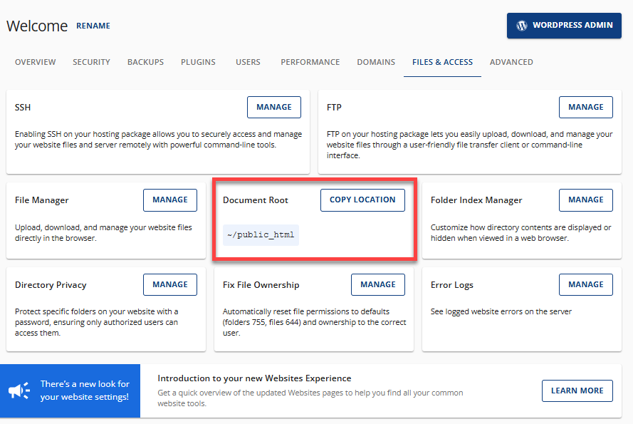 Files & Access tab - Document root