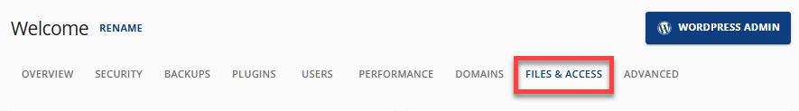 Account Manager - Websites tab - Files & Access menu