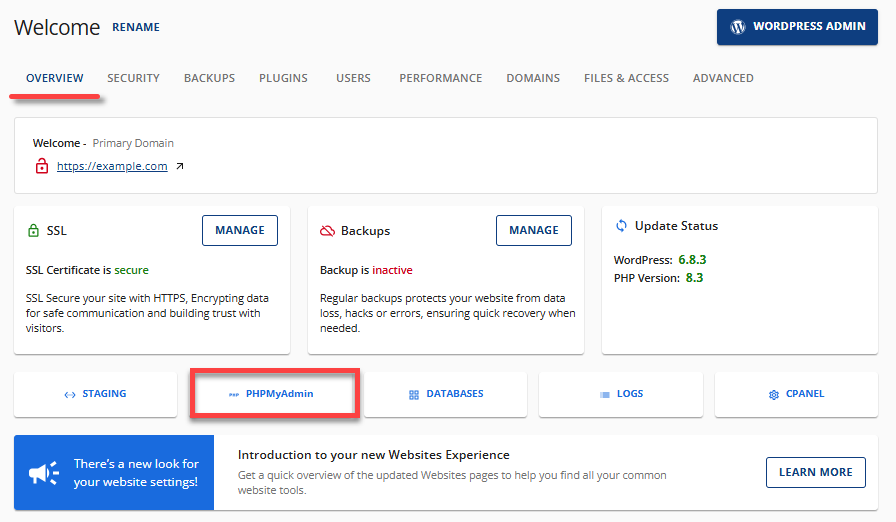 Websites tab - Overview tab - PHPMyAdmin button