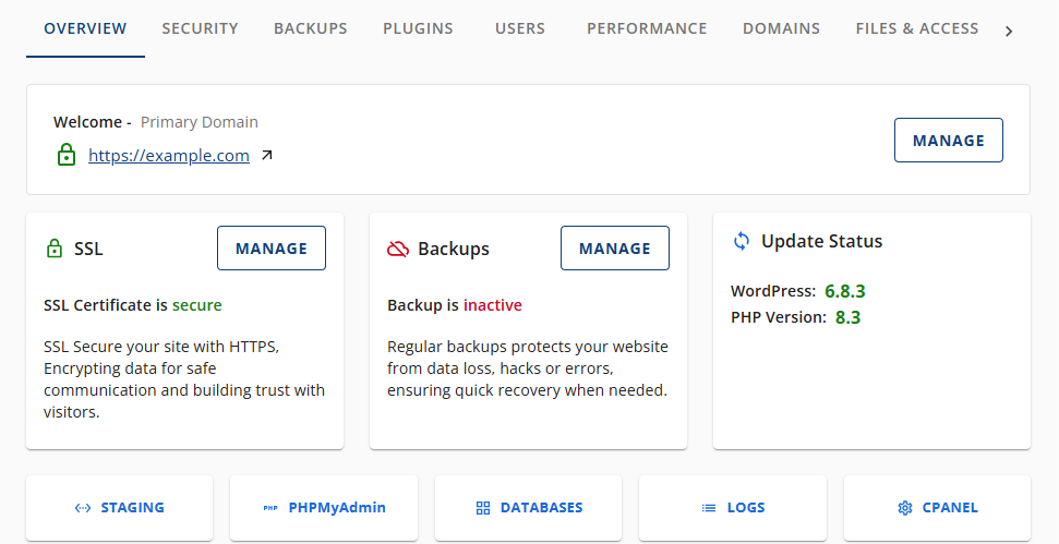 Bluehost Account Manager - Websites Tab Overview