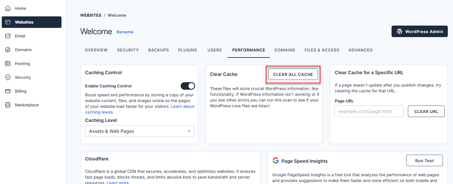 BH Clear cache in Performance tab