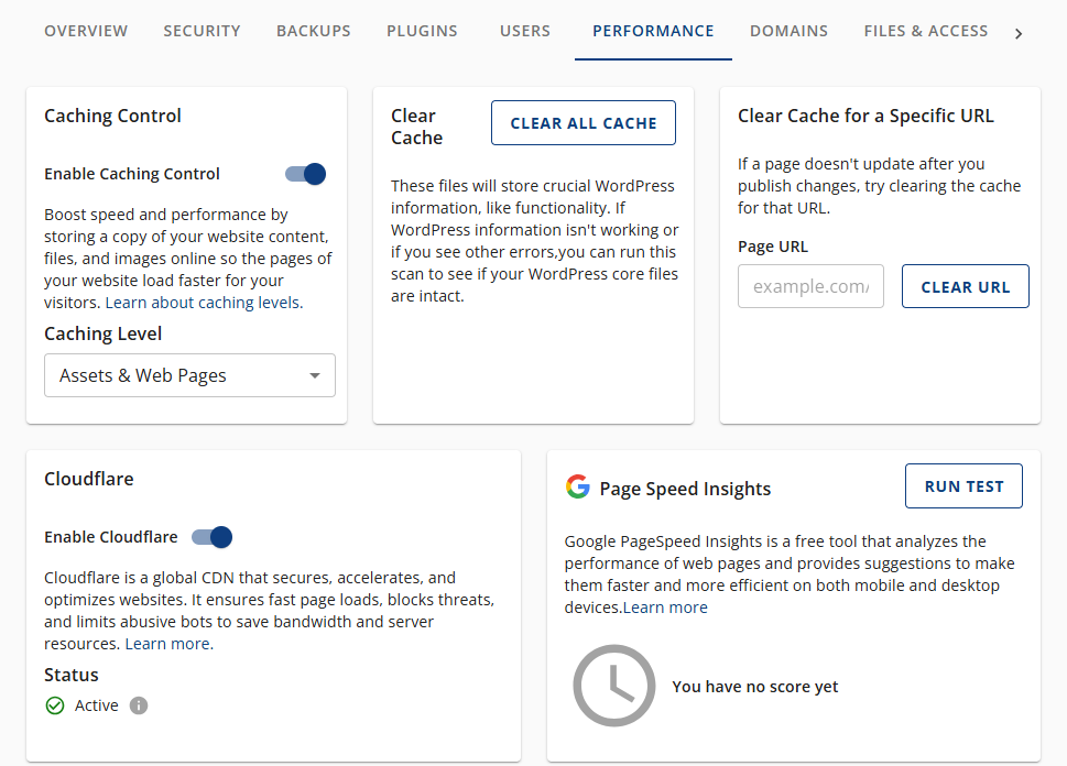 Bluehost Account Manager -Performance Tab Users