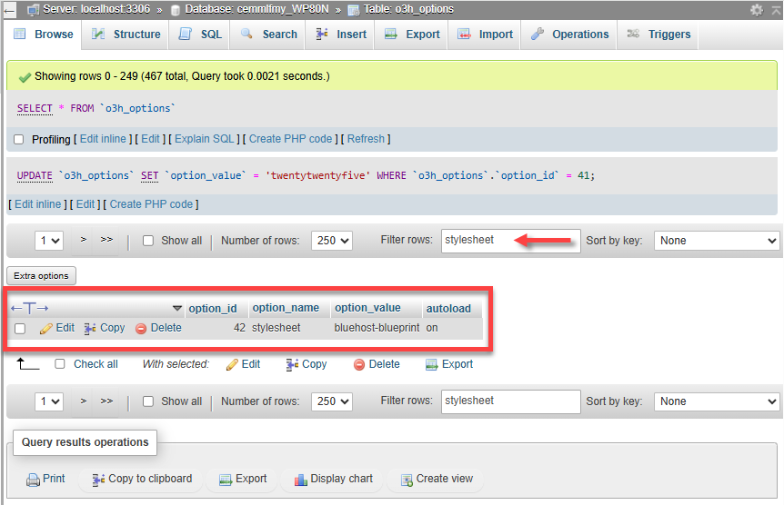 phpMyAdmin - Search for stylesheet row