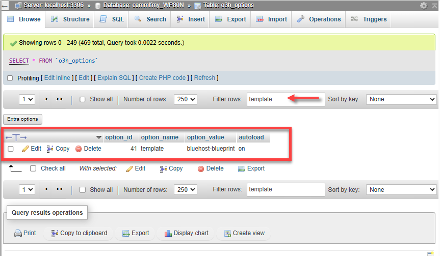 phpMyAdmin - Search for template row