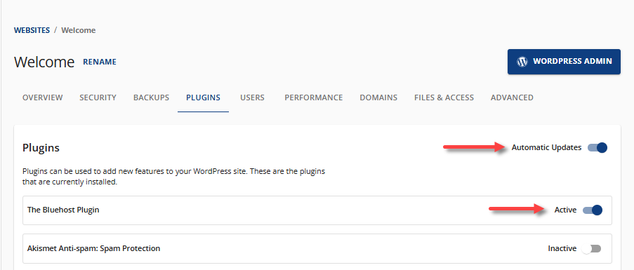 Plugins tab - Manage the Bluehost Plugin
