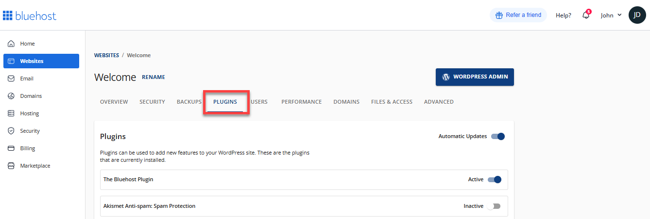 Websites tab - Plugins tab