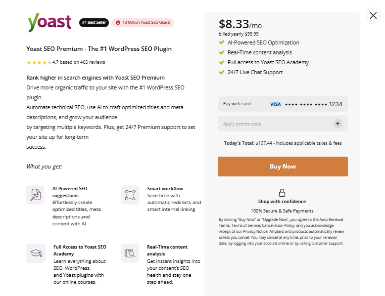 Plugins tab - Yoast SEO - Upgrade to Prem - Buy Nowium