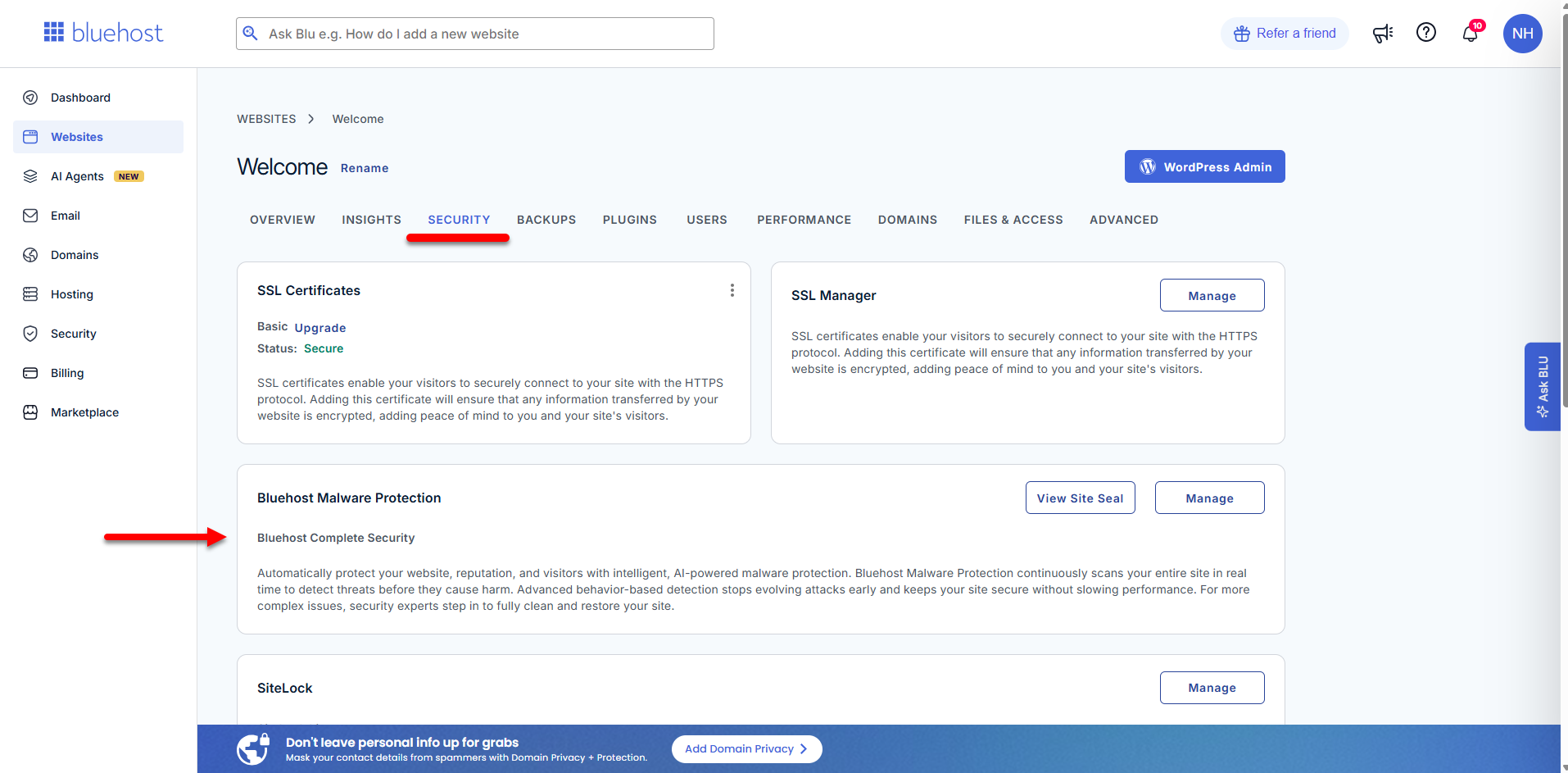 Bluehost Portal - Websites tab - Security tab