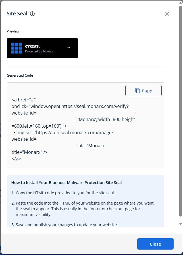 Bluehost Portal - Website tab Security View Site Seal Sample