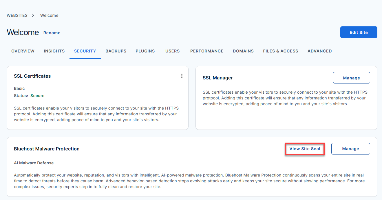 Bluehost Portal - Website tab Security View Site Seal