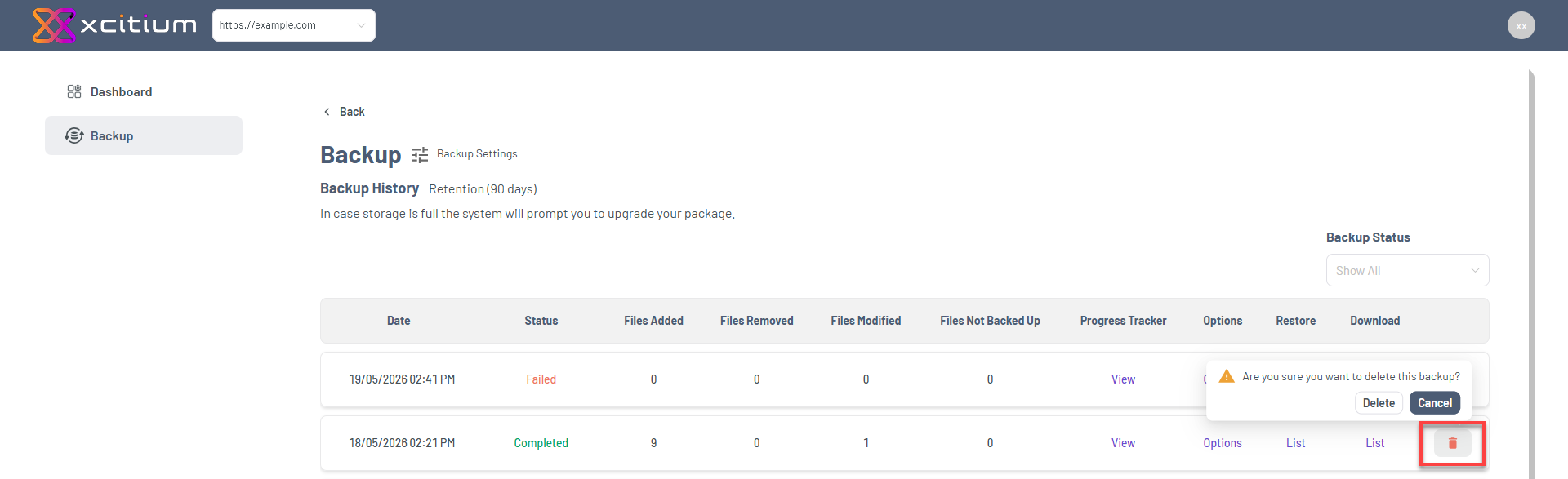 Bluehost Portal - Website Tab Manage Xcitium - Backup History Delete