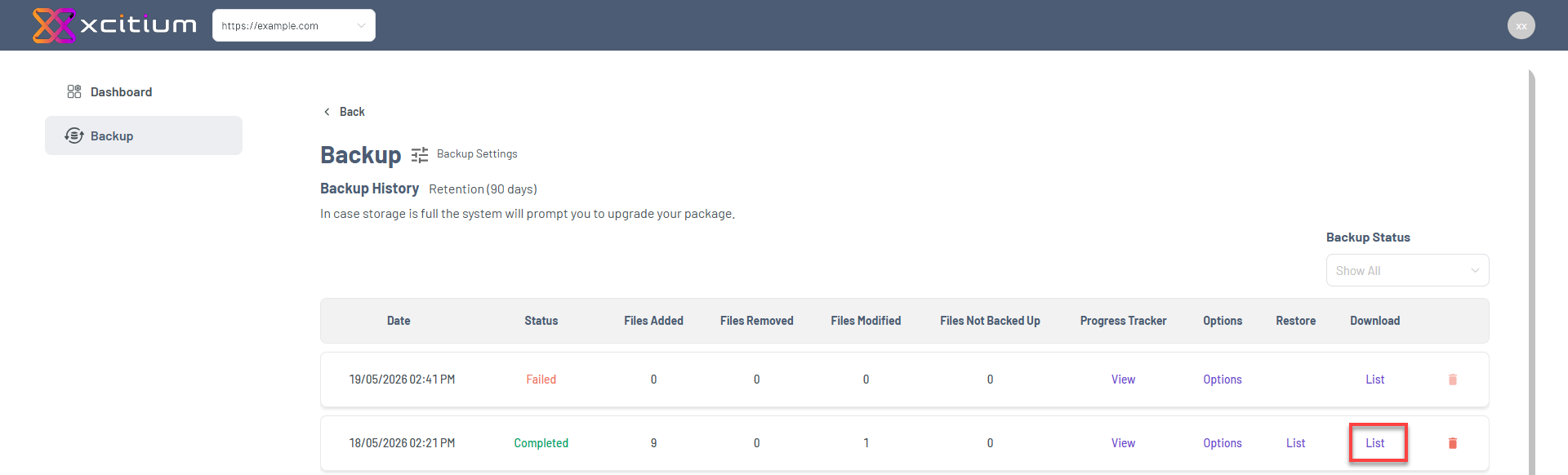 Bluehost Portal - Website Tab Manage Xcitium - Backup History Delete