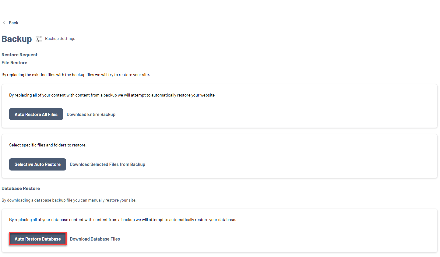 Bluehost Portal - Website Tab Manage Xcitium View Backup History Restore Option - Database Restore