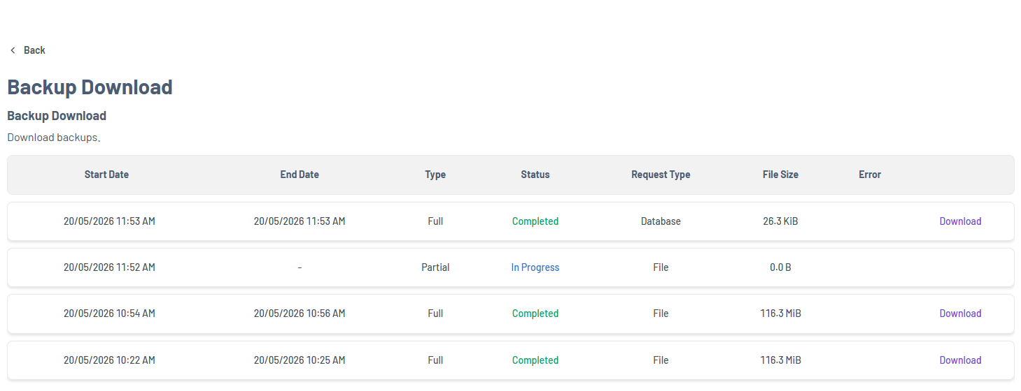 Bluehost Portal - Website Tab Manage Xcitium - Backup History Delete