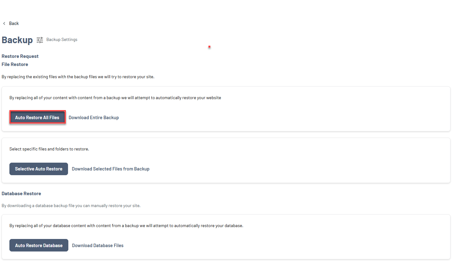 Bluehost Portal - Website Tab Manage Xcitium View Backup History Restore Option - File Restore