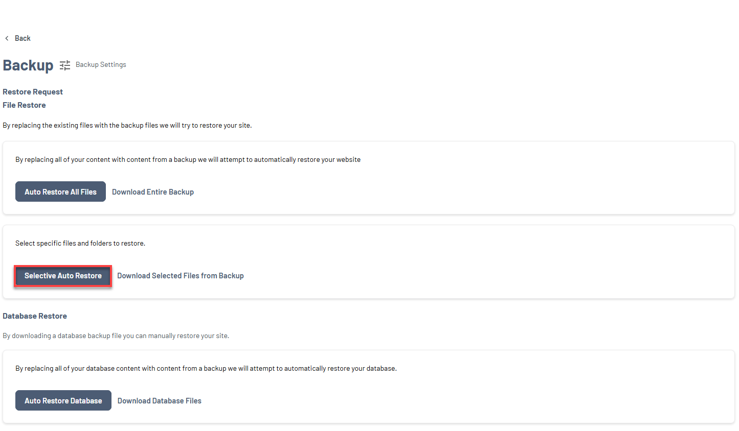Bluehost Portal - Website Tab Manage Xcitium View Backup History Restore Option - File Restore