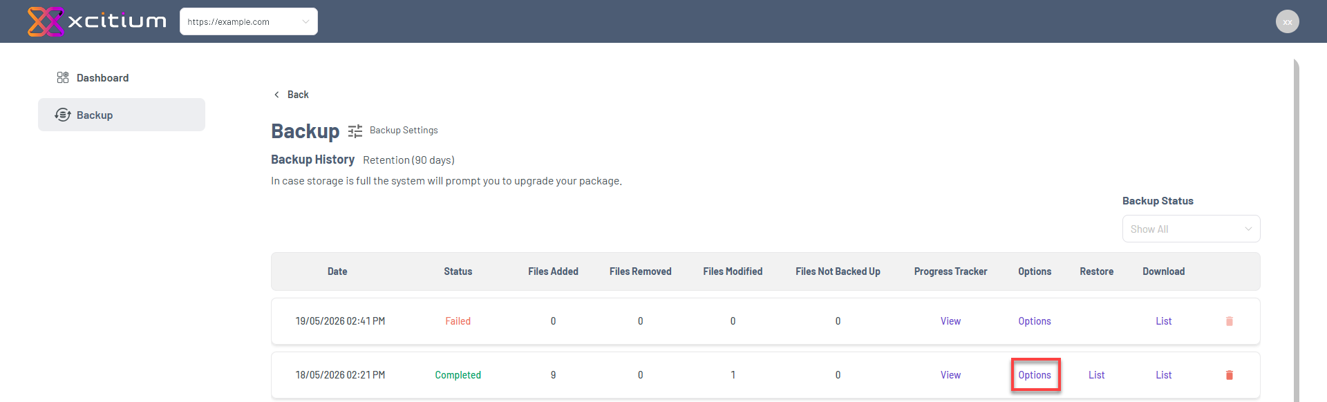 Bluehost Portal - Website Tab Manage Xcitium View Backup History Option