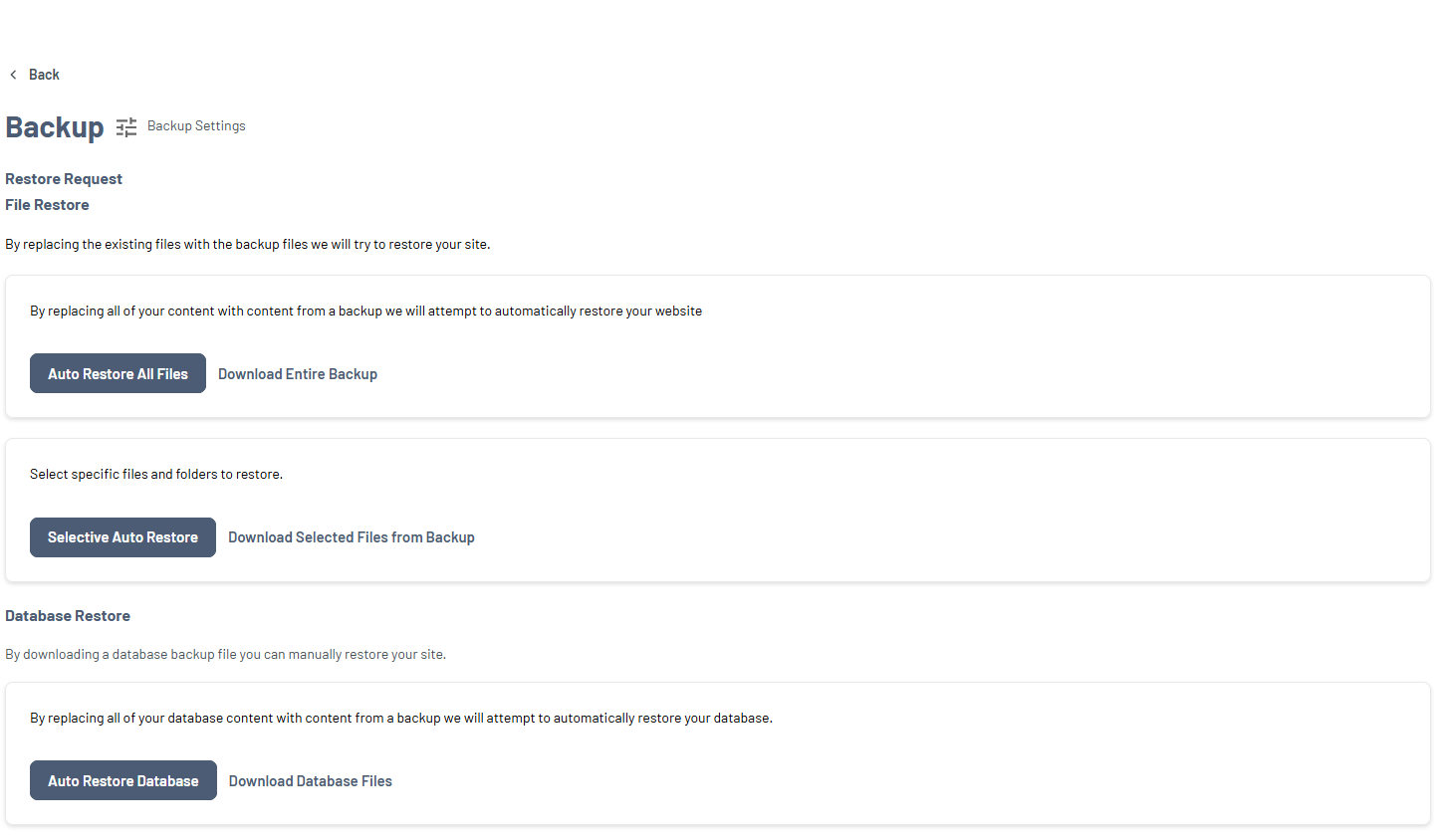 Bluehost Portal - Website Tab Manage Xcitium View Backup History Restore Option