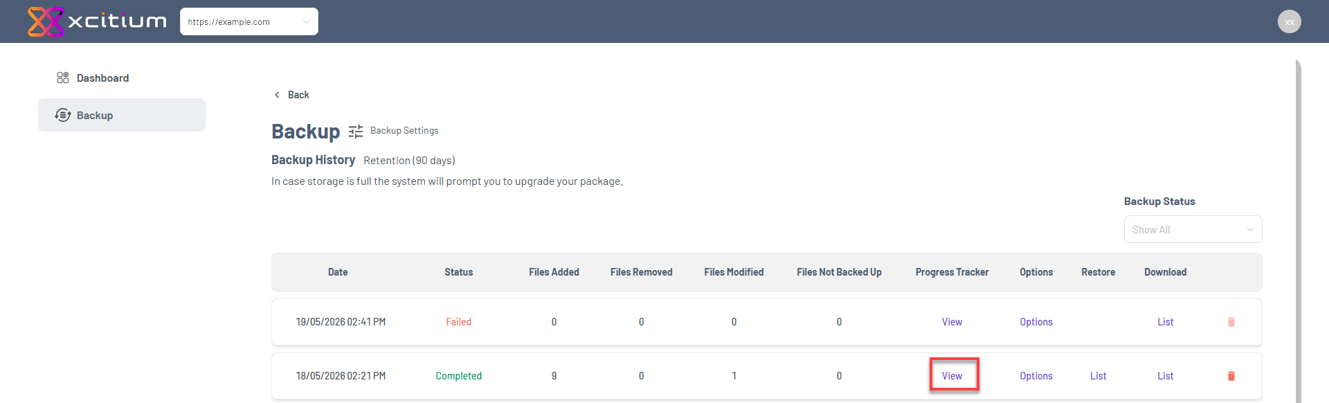 Bluehost Portal - Website Tab Manage Xcitium - Backup History Progress Tracker Details