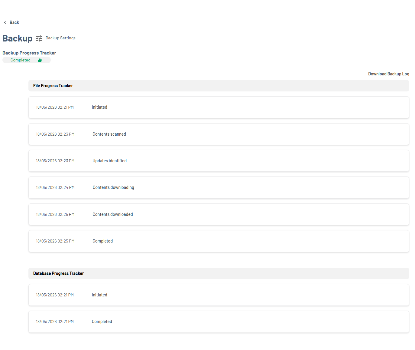 Bluehost Portal - Website Tab Manage Xcitium - Backup History Progress Tracker Details