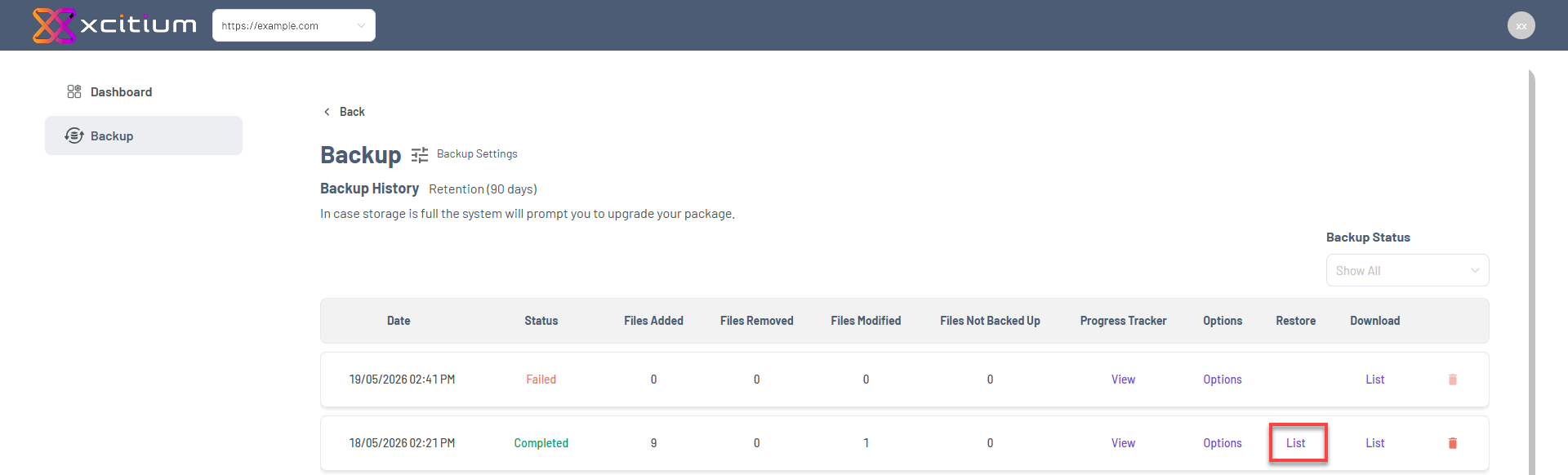 Bluehost Portal - Website Tab Manage Xcitium - Backup History Restore
