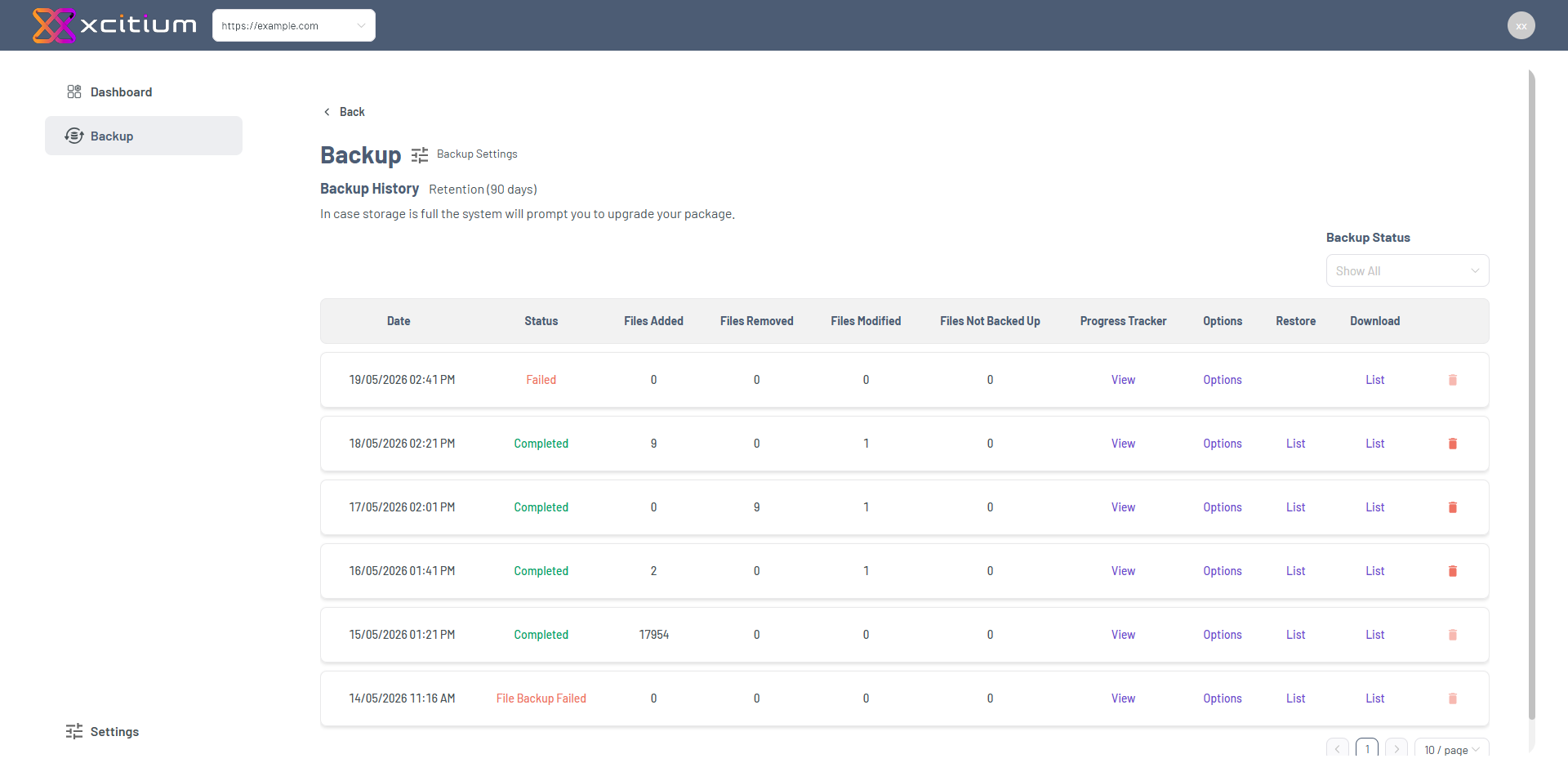 Bluehost Portal - Website Tab Manage Xcitium Backup History Dashboard