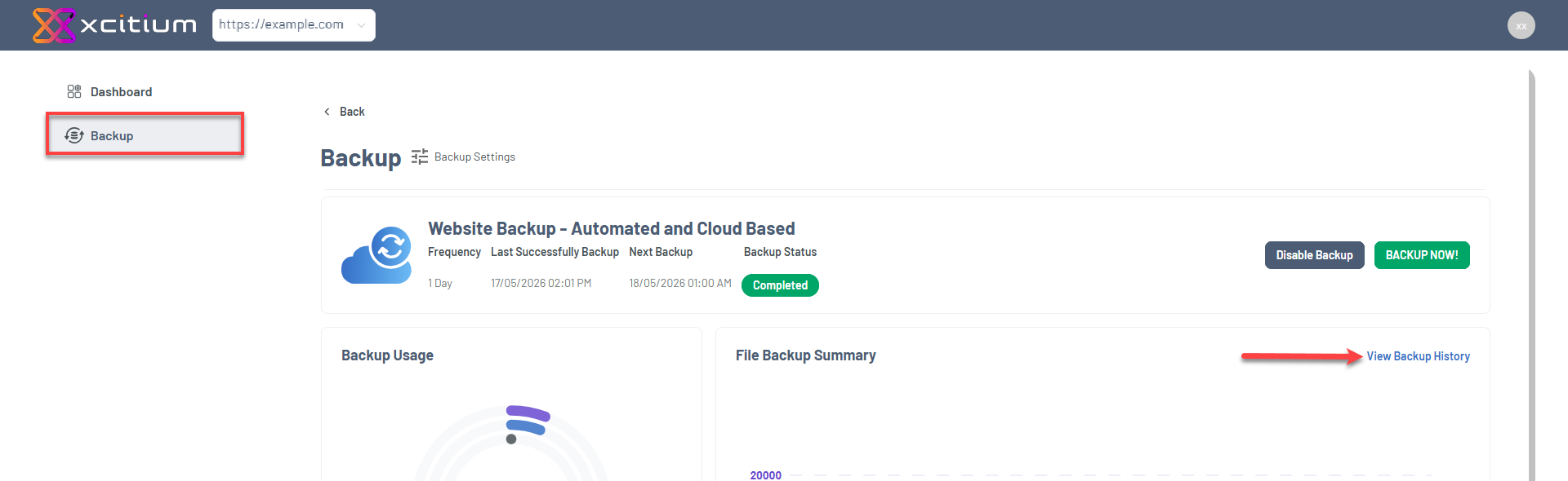 Bluehost Portal - Website Tab Manage Xcitium View Backup History