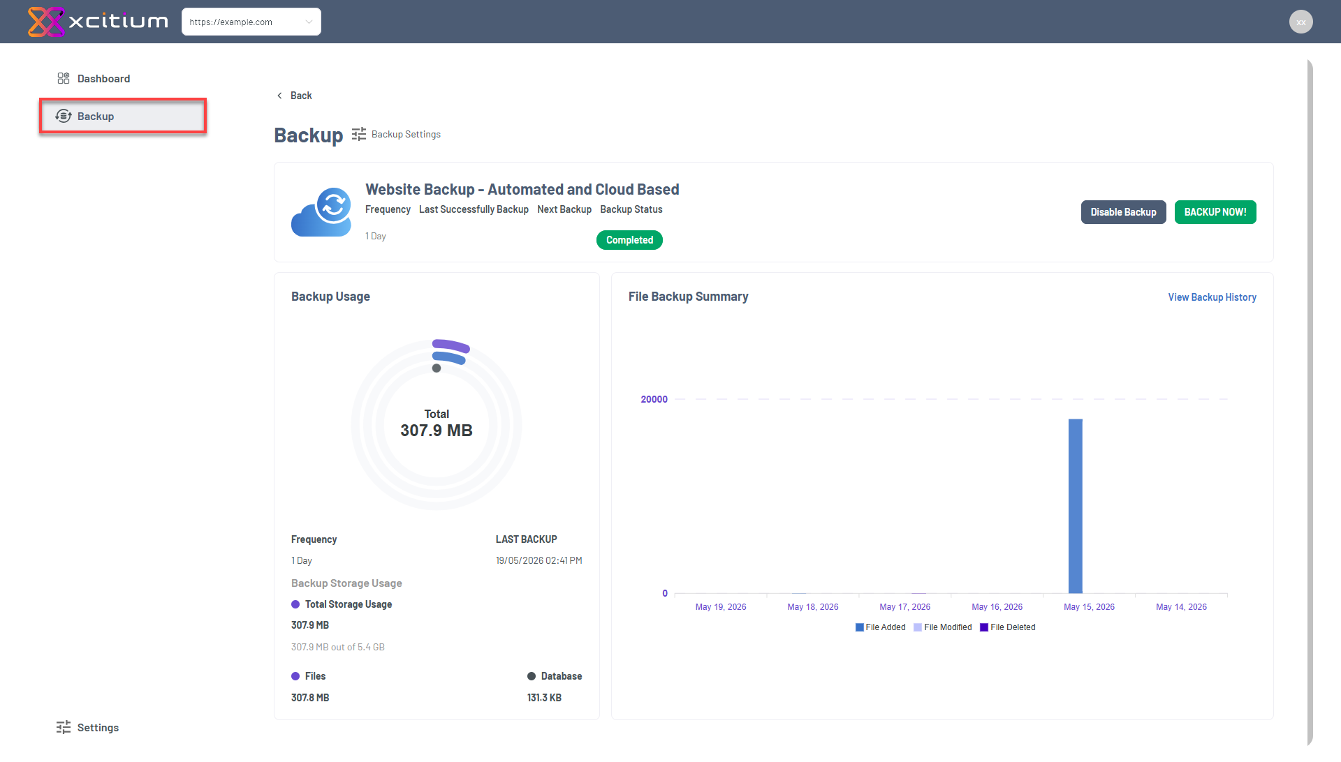 Bluehost Portal - Xcitium Backup tab