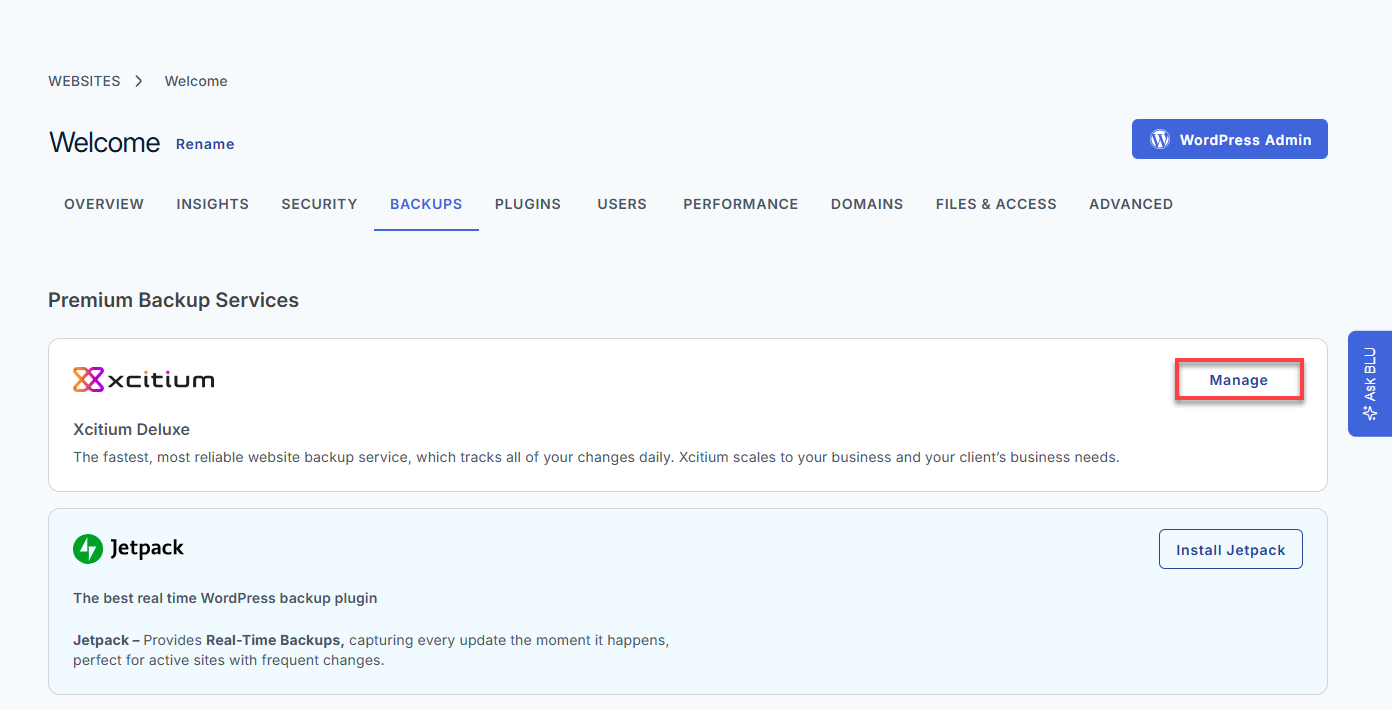 Bluehost Portal - Website Tab Manage Xcitium