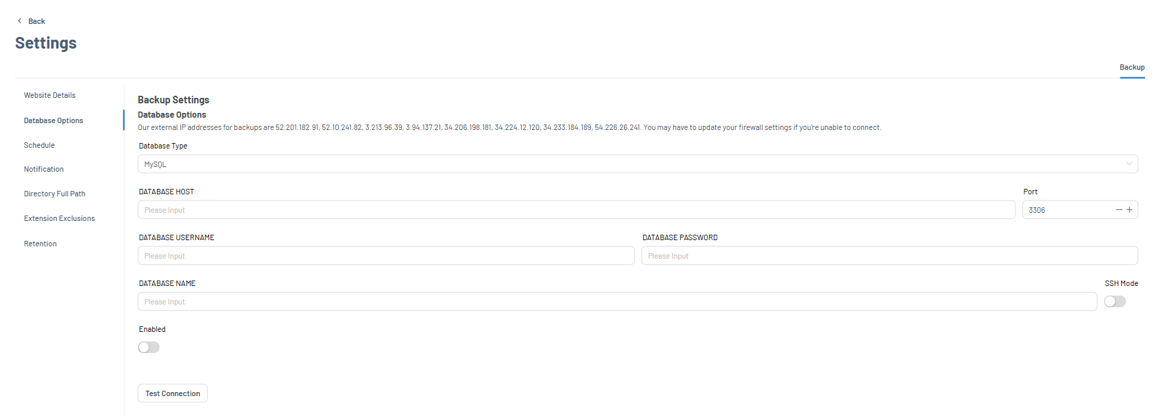 Bluehost Portal - Website Tab Xcitium Settings Tab - Database Options