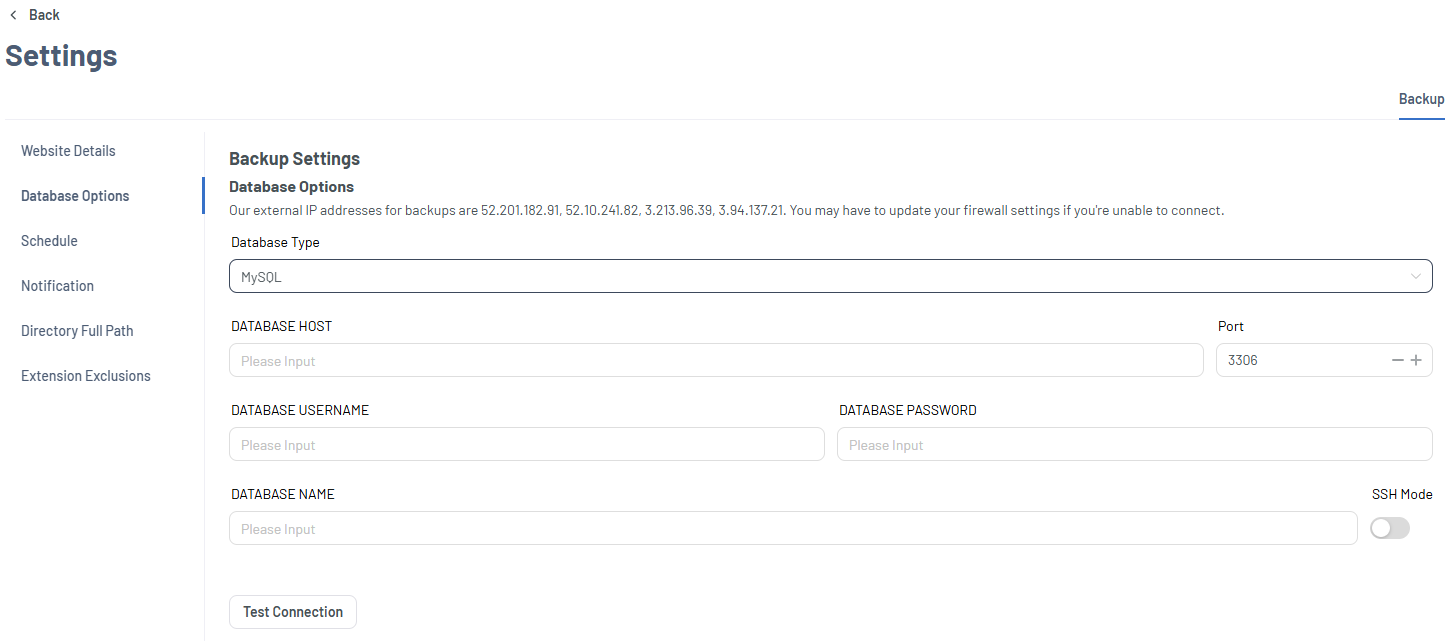Bluehost Portal - Website Tab Xcitium Settings Tab - Database Options
