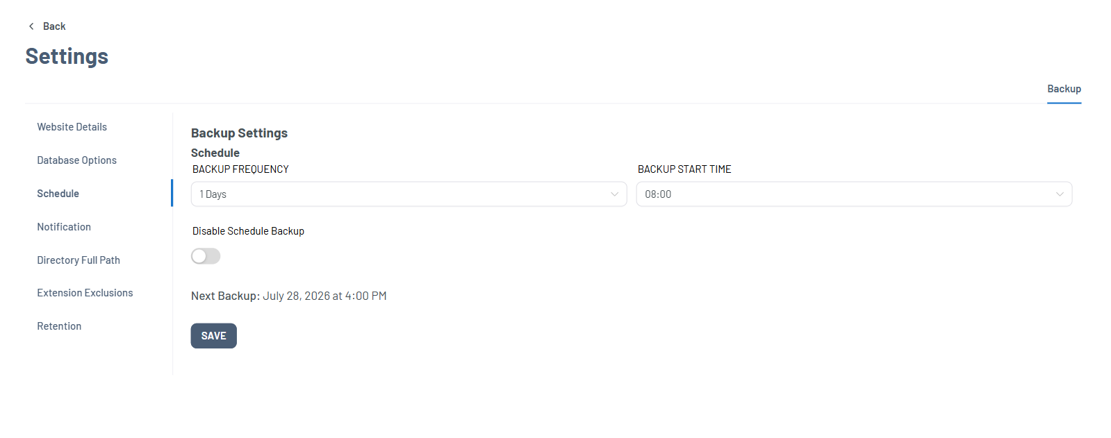 Bluehost Portal - Website Tab Xcitium Settings Tab - Schedule