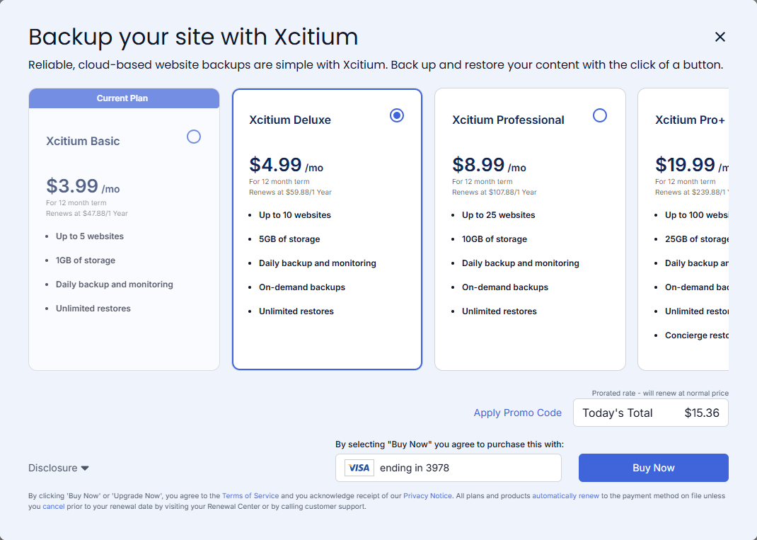 Bluehost Portal - Website Upgrade Plan Options