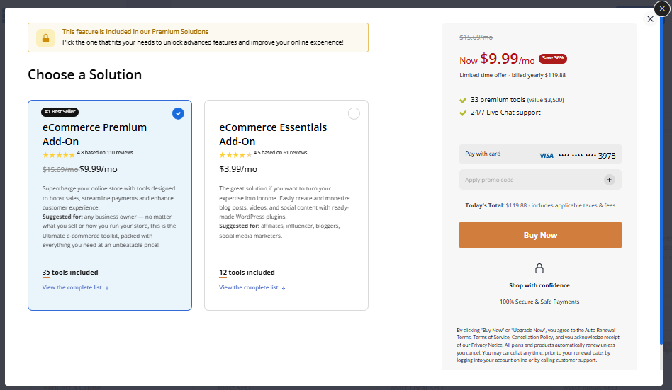 Bluehost Plugin - Commerce tab - Choose a Solution