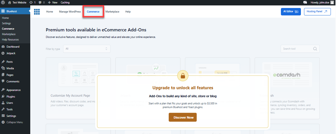 Bluehost Plugin - Commerce tab