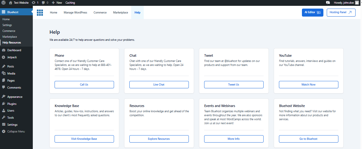 Bluehost Plugin - Help tab