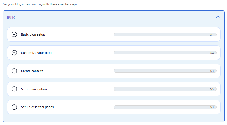 Bluehost Plugin - Home tab - Build section