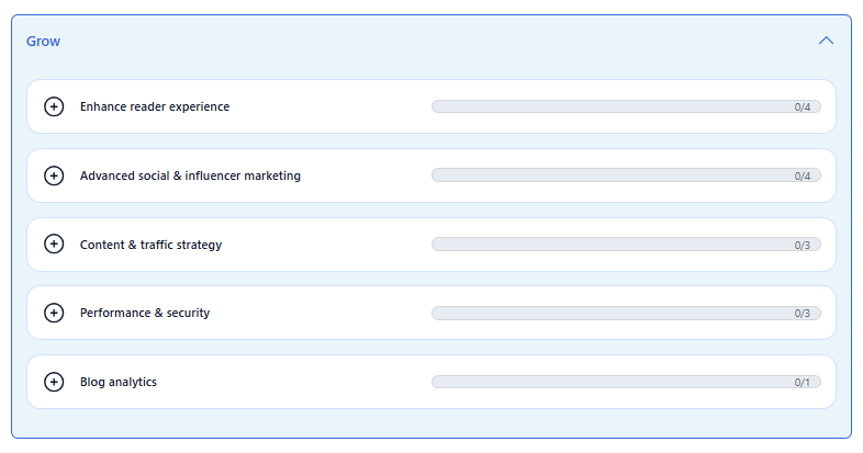 Bluehost Plugin - Home tab - Grow section