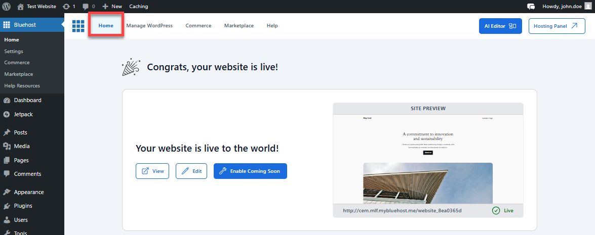 WordPress Dashboard - Bluehost tab - Home tab
