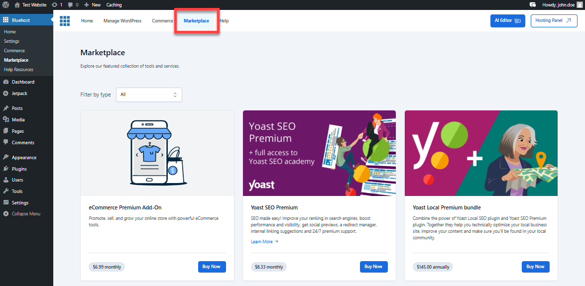 Bluehost Plugin - Marketplace tab