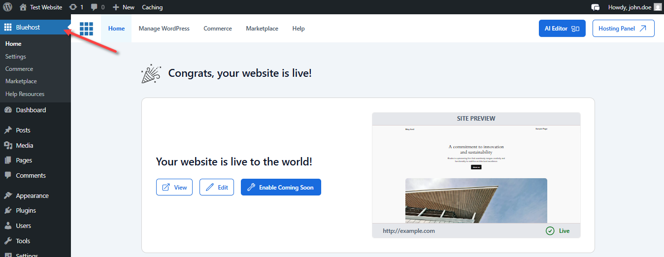 WordPress Dashboard - Bluehost tab