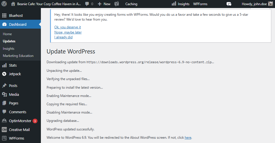 WordPress dashboard - Dashboard » Updates - Reinstall version progress