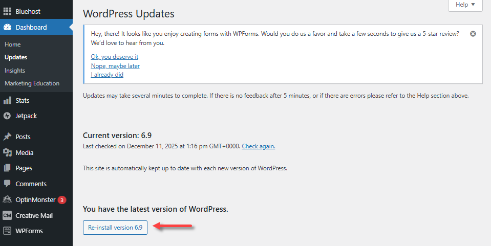 WordPress dashboard - Dashboard » Updates - Reinstall version 